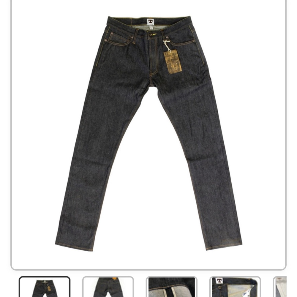 Tellason Men's Skinny Jeans in Dark Indigo with Brown Stitching